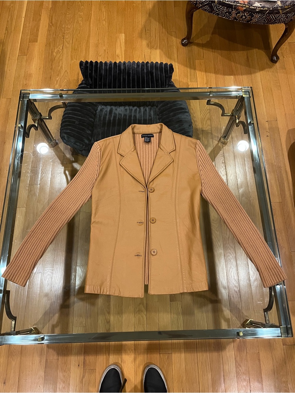 Women's Caramel Leather Blazer with Rib Knit Sleeves
